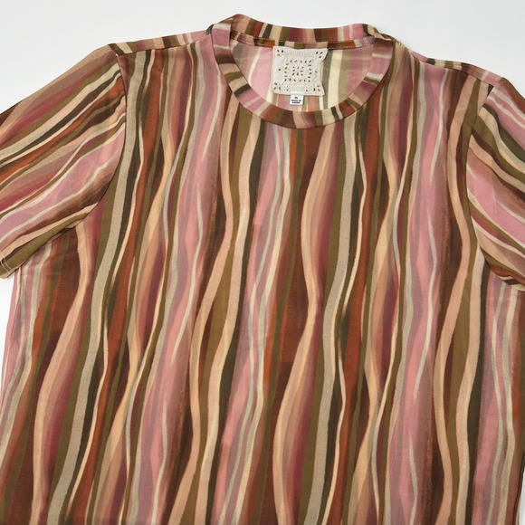 Johnny Was Tops - Johnny Was Eleanor Mesh Short SleeveTop Striped Pink Brown Women's Size XL